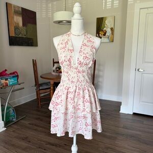 REPOP White Halter Neck Mini Dress Pink Floral Print.
